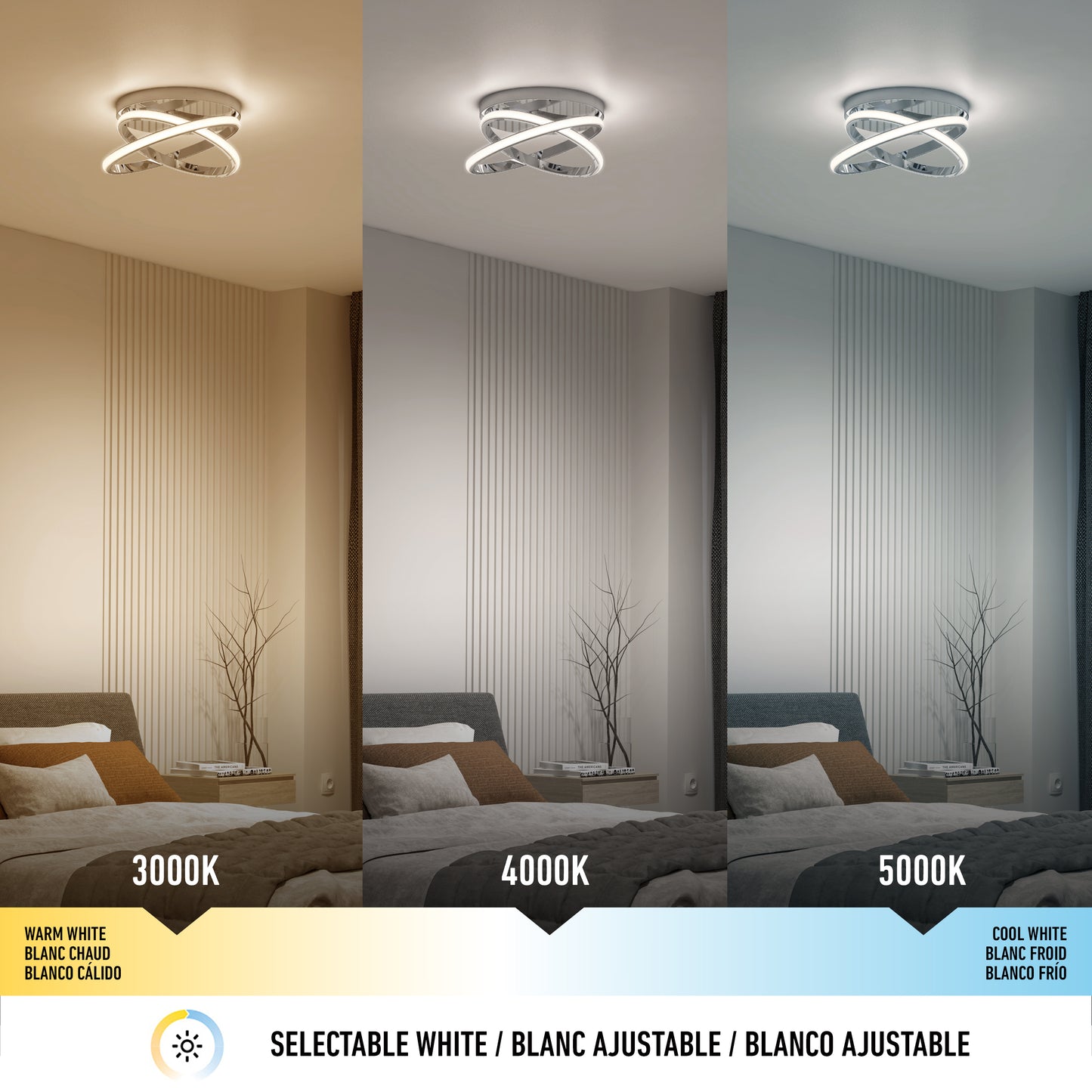A bedroom featuring the Artika Orbia modern LED flush mount light 3 CCT, displaying warm white (3000K), neutral white (4000K), and cool white (5000K) modes, each casting unique lighting across the room.
