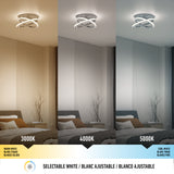 A modern bedroom with a circular ceiling light shows three lighting modes: warm white (3000K), neutral white (4000K), and cool white (5000K). Each mode creates a different ambiance in the same room.