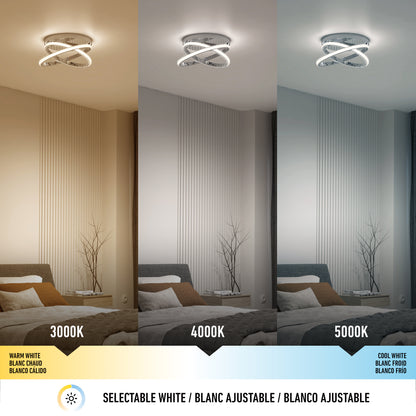 A bedroom featuring the Artika Orbia modern LED flush mount light 3 CCT, displaying warm white (3000K), neutral white (4000K), and cool white (5000K) modes, each casting unique lighting across the room.