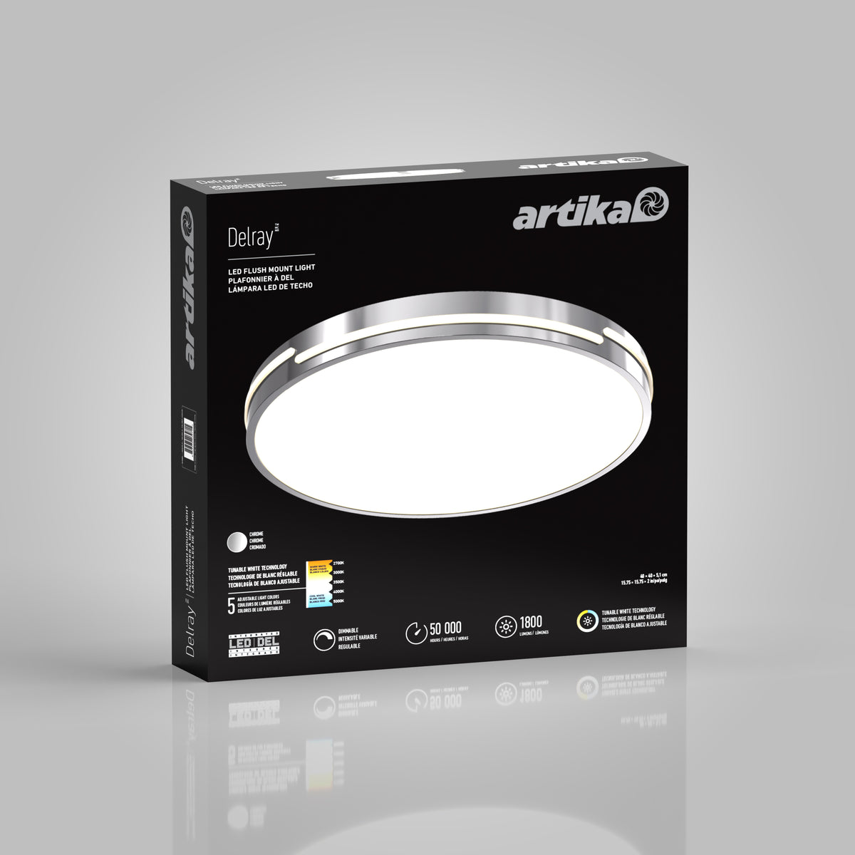 A black box packaging for an Artika LED flush mount light fixture, model Delray, featuring an image of the round light, product details, and icons for brightness, energy efficiency, and lifespan on a gray background.
