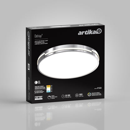 A black box for the Artika Delray 15.7 in. LED modern flush mount light 5 CCT shows the matte black round fixture, energy stats, adjustable color temperature, 50,000-hour lifespan, 1800 lumens, dimmable lighting, and a 5-year warranty.