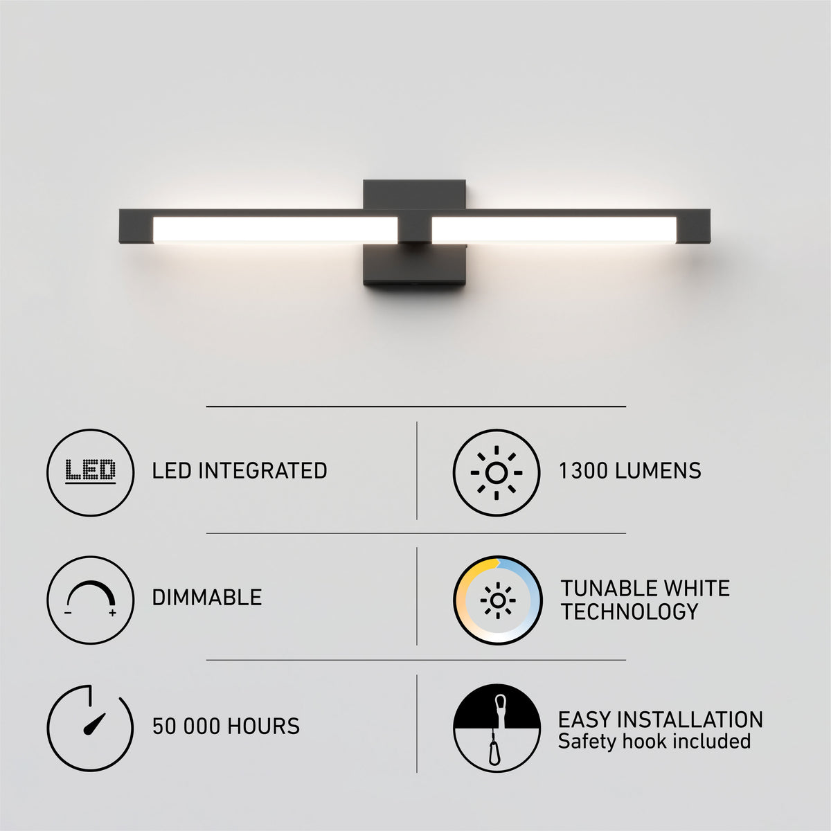A modern wall-mounted LED light fixture with icons and text highlighting features: LED integrated, 1300 lumens, dimmable, tunable white technology, 50,000 hours lifespan, and easy installation with safety hook.