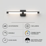 A modern wall-mounted LED light fixture with icons and text highlighting features: LED integrated, 1300 lumens, dimmable, tunable white technology, 50,000 hours lifespan, and easy installation with safety hook.