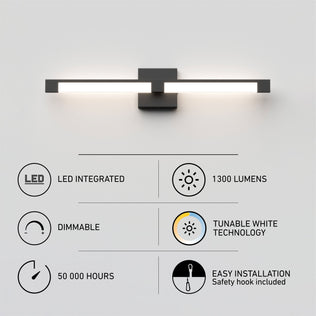 The Artika Tivoli modern LED bathroom vanity light 5 CCT is mounted on a white wall. Below, icons and text highlight its features: LED integrated, 1300 lumens, dimmable, tunable white technology, 50,000 hours lifespan, and easy installation.