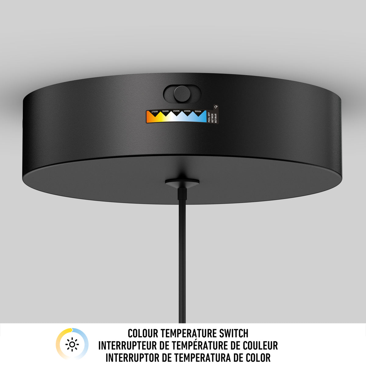 A black ceiling-mounted light fixture with a color temperature switch, featuring five selectable settings. Text below reads: Colour Temperature Switch in English, French, and Spanish.