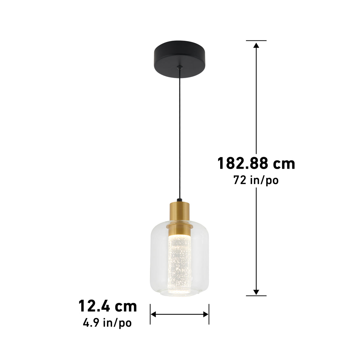 A modern pendant light with a black ceiling mount, gold fixture, and clear glass shade. The light hangs 182.88 cm (72 in) from the ceiling and has a shade diameter of 12.4 cm (4.9 in).
