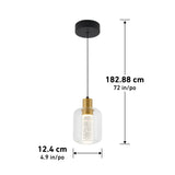 A modern pendant light with a black ceiling mount, gold fixture, and clear glass shade. The light hangs 182.88 cm (72 in) from the ceiling and has a shade diameter of 12.4 cm (4.9 in).