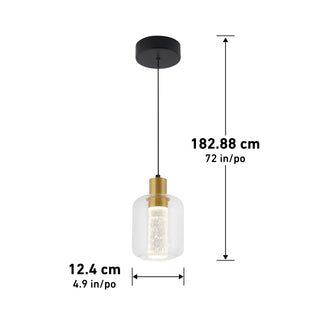 The Artika Champagne Globe modern LED pendant light features a clear glass shade, gold fixture, and black ceiling mount. It measures 12.4 cm wide and hangs 182.88 cm from the ceiling.