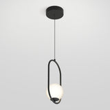 A modern pendant light with a black circular ceiling mount, black cord, and an oval-shaped black frame holding a frosted white globe-shaped bulb, hanging against a plain white background.