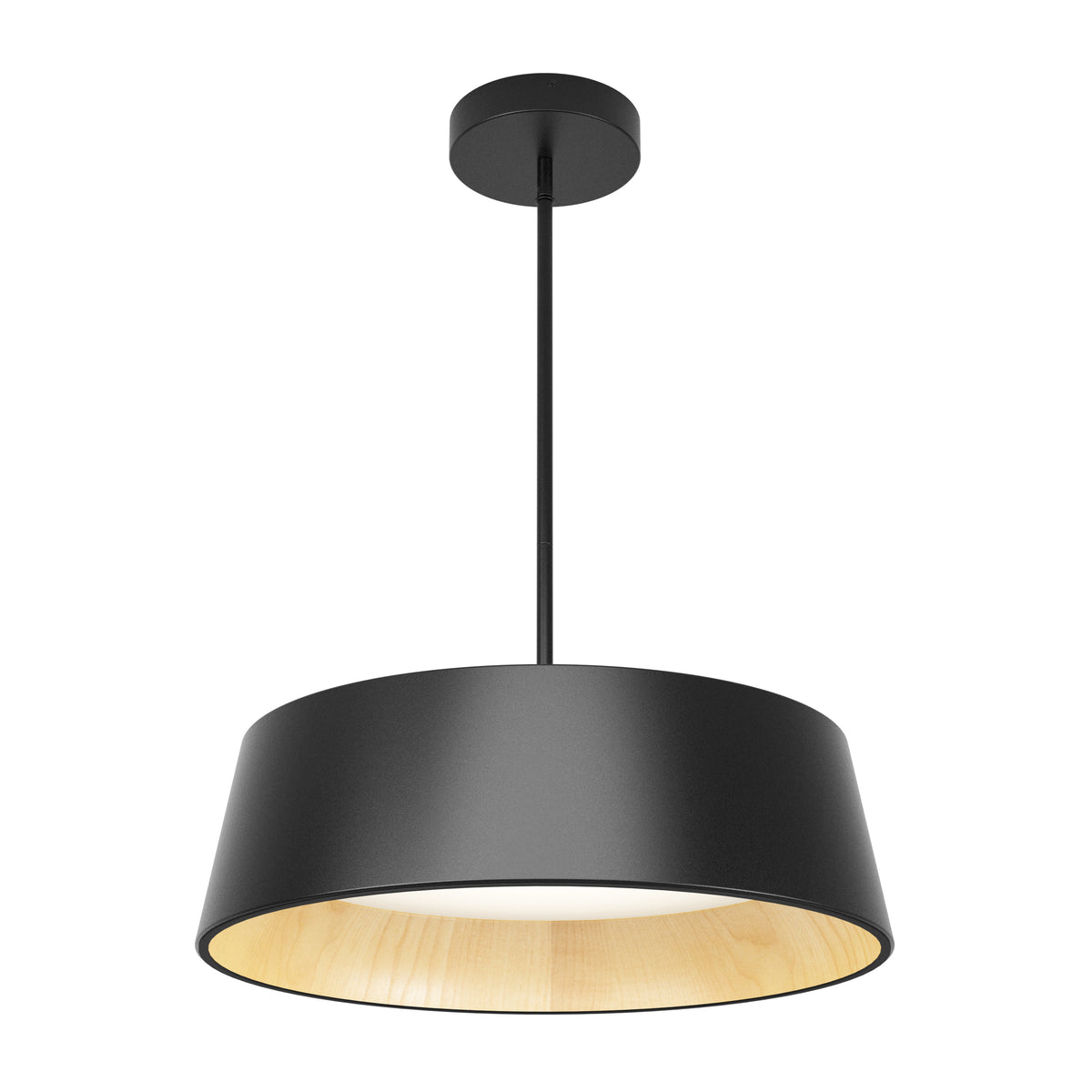 A modern black pendant light fixture with a wide, slightly angled lampshade and a light wood interior, suspended from the ceiling by a black rod.