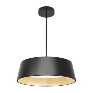 The Artika Alton modern LED pendant light 5 CCT features a wide, slightly angled black shade with a light wood interior, suspended from the ceiling by a slim black rod.