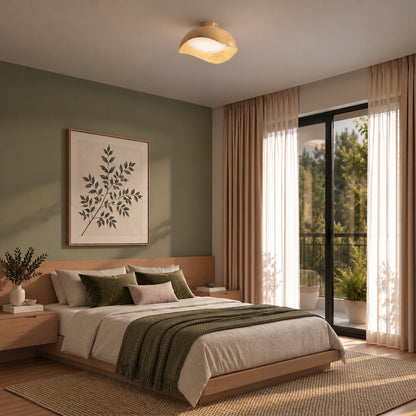 An Adara 15 in. (38 cm) Modern LED Flush Mount Ceiling Light 5 CCT with wood accents illuminates a dimmable, round shape in a bedroom.