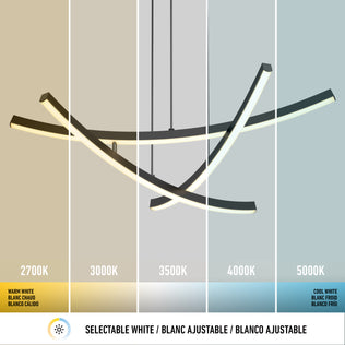 The Artika Orly modern LED pendant light 5 CCT is shown with five vertical segments, each labeled with a different color temperature from warm white (2700K) on the left to cool white (5000K) on the right.