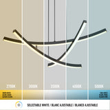 Modern pendant light fixture displayed under five different white color temperatures: 2700K (warm), 3000K, 3500K, 4000K, and 5000K (cool). Labels and color gradients show the lighting effects.