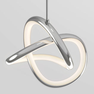 The Artika Zephyr LED pendant features a twisted, looping metallic frame with integrated LED lighting, hanging from a single cord against a plain light gray background.