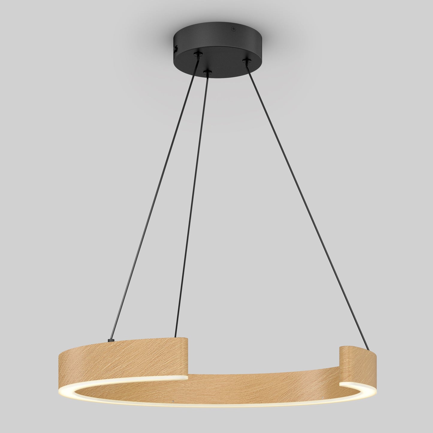 The Artika-CAN-dev Vance modern LED pendant light 3 CCT features a circular, partially open wooden ring and three black cords on a round black mount, bringing refined design and flexible lighting to any space.