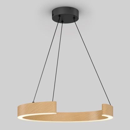 The Artika-CAN-dev Vance modern LED pendant light 3 CCT features a circular, partially open wooden ring and three black cords on a round black mount, bringing refined design and flexible lighting to any space.