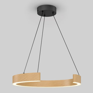The Artika Vance modern LED pendant light 3 CCT features a partial wooden ring, integrated LED, and hangs from the ceiling by three black cables attached to a round black ceiling mount.