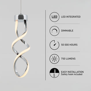 Artika Mini Swirl LED pendant light with a dimmable design, 750 lumens, 50,000-hour lifespan, and an easy-install safety hook.
