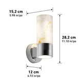 Modern wall sconce with a cylindrical light fixture featuring a marble-like finish, mounted on a round metal base. Dimensions are labeled: height 28.2 cm (11.10 in), depth 15.2 cm (5.98 in), width 12 cm (4.72 in).