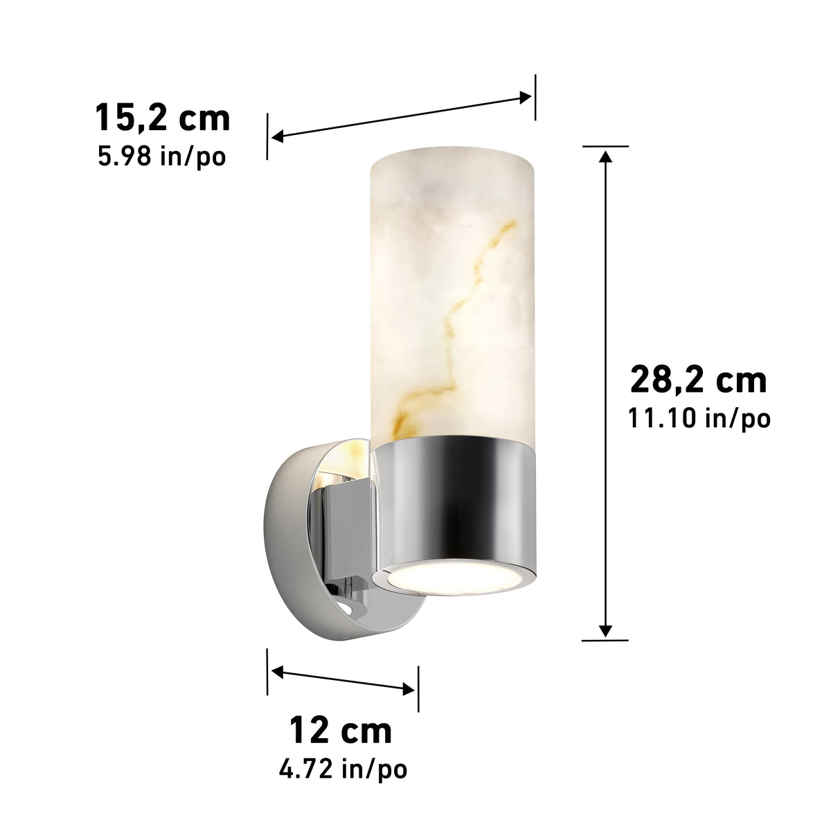 Artika Marble LED contemporary sconce 5 CCT features a wall-mounted cylindrical design with a marble-patterned shade and metallic base. Dimensions: height 28.2 cm, depth 15.2 cm, width 12 cm.