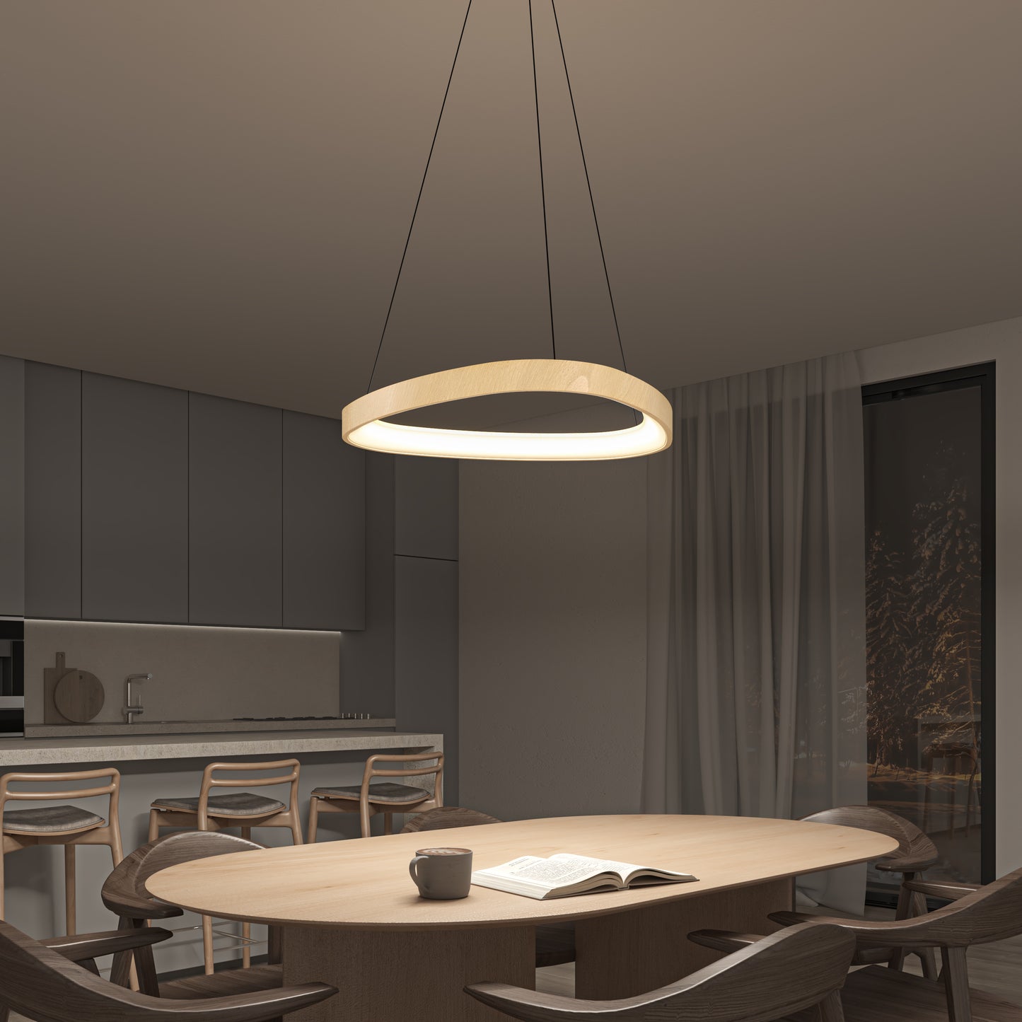 A modern dining room features a round wooden table, six chairs, a mug, and an open book illuminated by the Artika Bjorn modern LED pendant light 5 CCT. In the background are a kitchen area and a large window with sheer curtains.