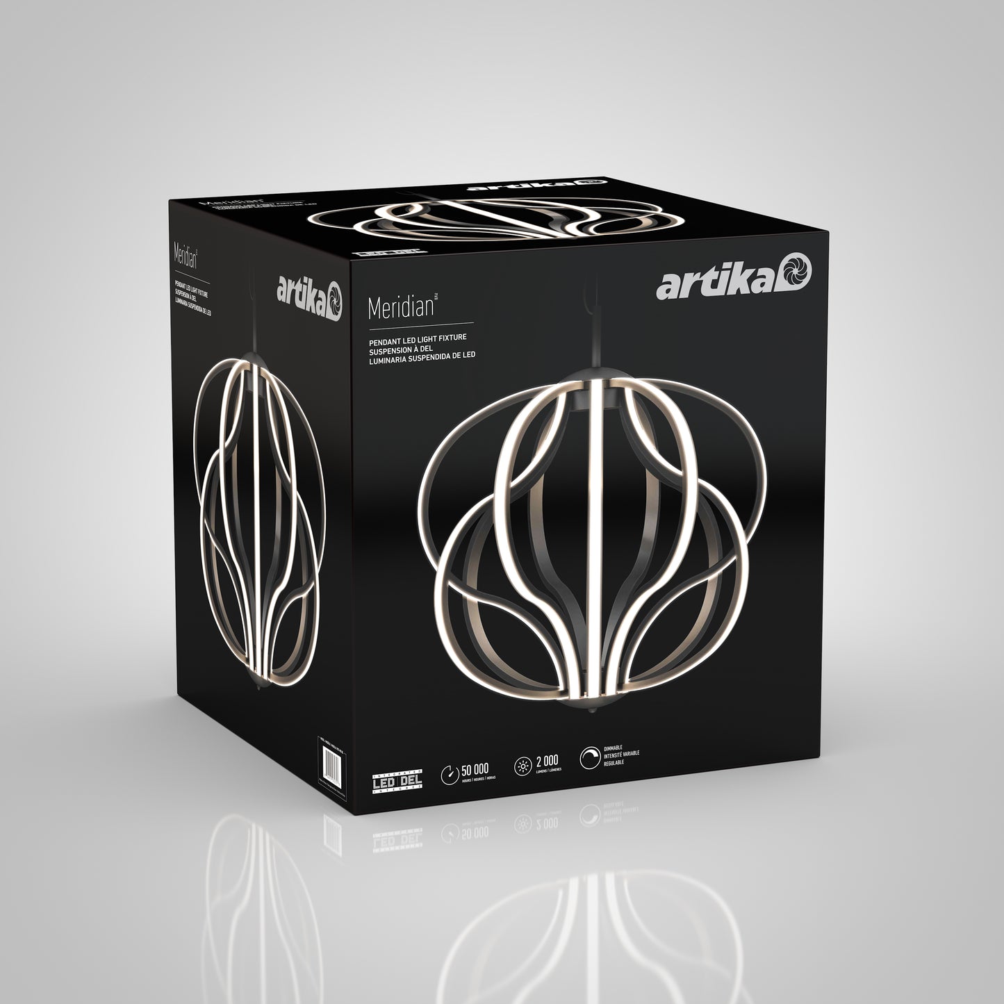 A black box showcases the Artika Meridian LED pendant light, featuring a modern sculptural white design, with product details and features printed on the packaging.