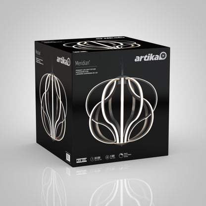 A black box showcases the Artika Meridian LED pendant light, featuring a modern sculptural white design, with product details and features printed on the packaging.