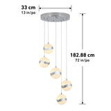 Modern pendant light fixture with five spherical glass lamps hanging at different lengths from a round ceiling mount. Vertical and horizontal measurements are labeled: 33 cm (13 in) wide, 182.88 cm (72 in) tall.