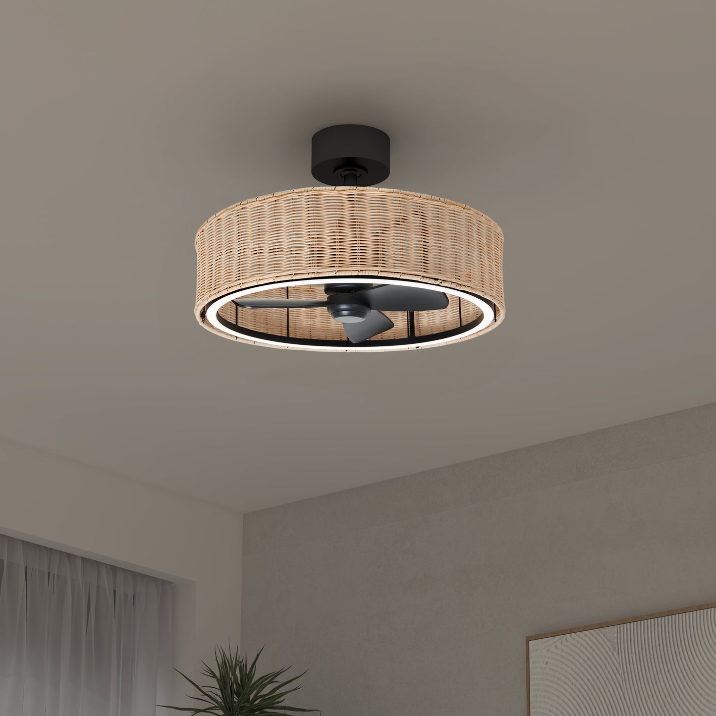 The Artika Kalani 24 in. LED modern ceiling fan, featuring a circular woven rattan cover, 3 speeds, and remote control, is mounted on a white ceiling in a minimalist room.