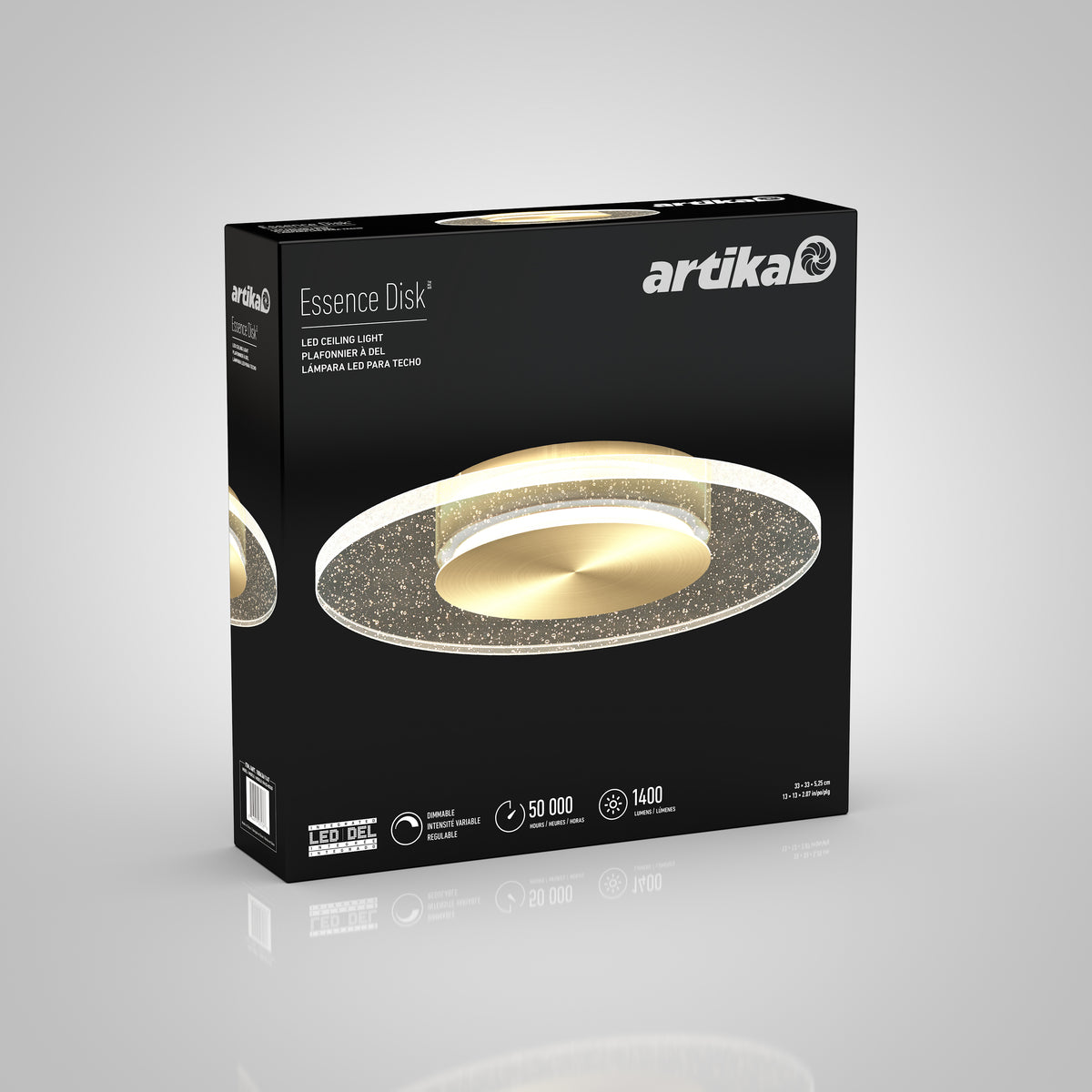 A black and gold Artika box for the Essence Disk LED flush mount shows the fixture image, product name, and icons for 50,000-hour lifespan, 1400 lumens brightness, and LED technology.