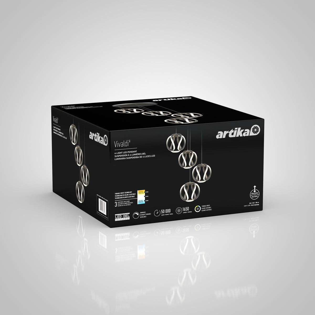 A black box with the brand name artika and images of a modern chandelier called Vivaldi. The box displays product features and specs, including LED lights, brightness, and energy efficiency on a white background.