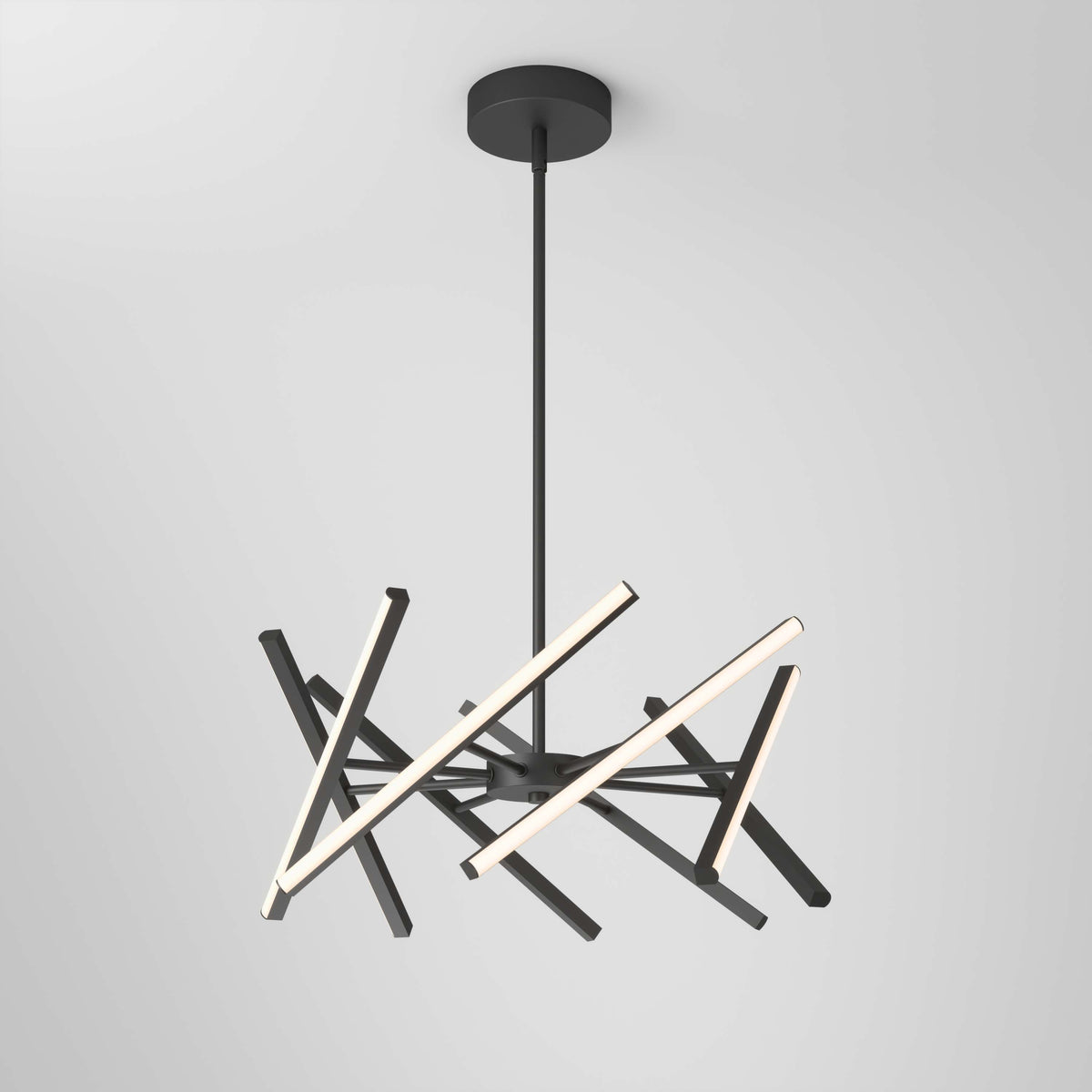 A modern black chandelier with intersecting linear LED light bars, suspended from the ceiling on a single rod, against a plain white background.