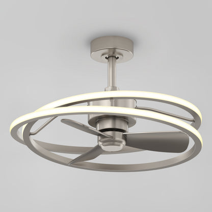 The Artika Coda 23 in. LED modern ceiling fan features three blades and a circular LED light in a brushed metal finish, mounted on a short downrod, shown against a plain light gray background. Comes with remote control.