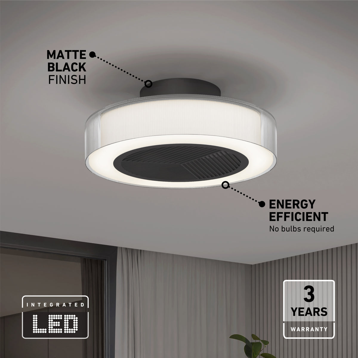 Artika Groove 20 in. LED modern ceiling fan features a matte black finish, 3 speeds, and remote control. Energy efficient, installs on a white ceiling—no bulbs needed. Includes a 3-year warranty badge in the corner.
