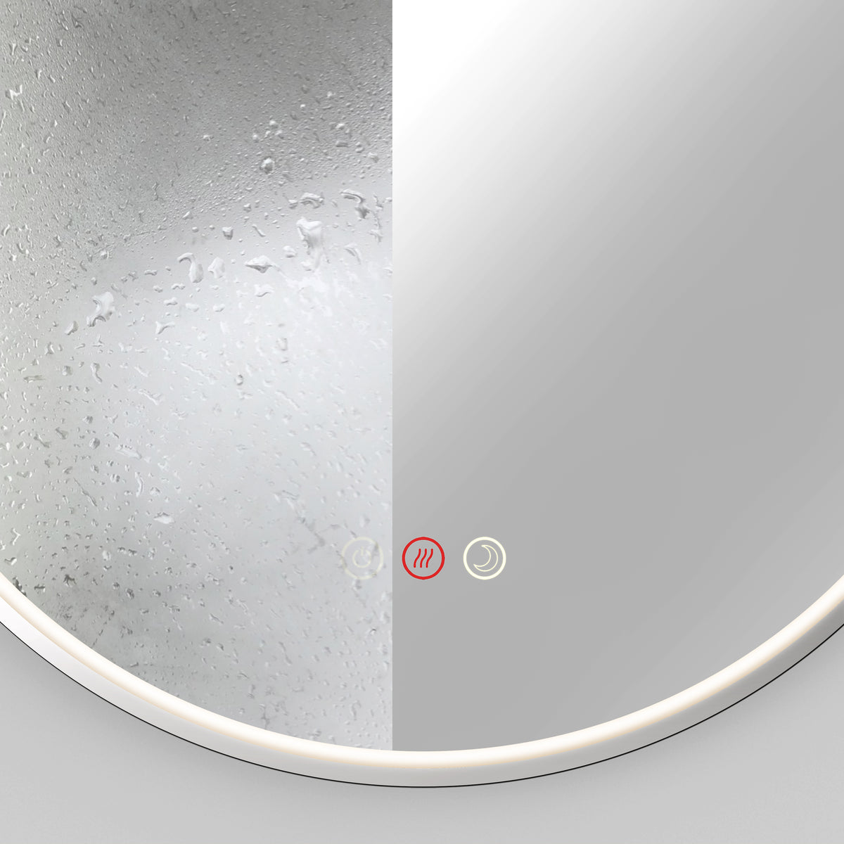 A round mirror with an LED light strip shows a clear right side and a foggy left side. Two touch icons at the bottom center indicate defogger and light functions.