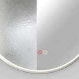 A round mirror with an LED light strip shows a clear right side and a foggy left side. Two touch icons at the bottom center indicate defogger and light functions.