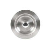 A stainless steel pot lid viewed from above, featuring a circular design with a central handle and a brushed metal finish.