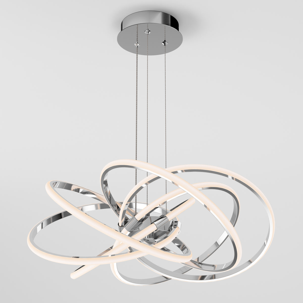 The Artika Maelstrom modern LED pendant light (5 CCT) features intertwined chrome and LED rings, suspended by slim cables from a circular mount, displayed against a plain white background.