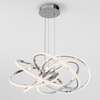 The Artika Maelstrom modern LED pendant light (5 CCT) features intertwined chrome and LED rings, suspended by slim cables from a circular mount, displayed against a plain white background.