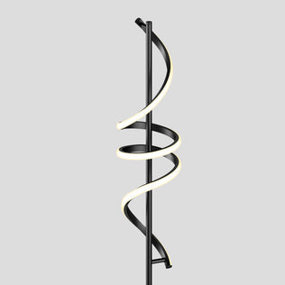 The Artika Coda modern LED floor lamp 5CCT features a sleek black vertical stand and spiral LED light strip, creating a striking look against a plain light gray background. This dimmable floor lamp blends style and function for any space.