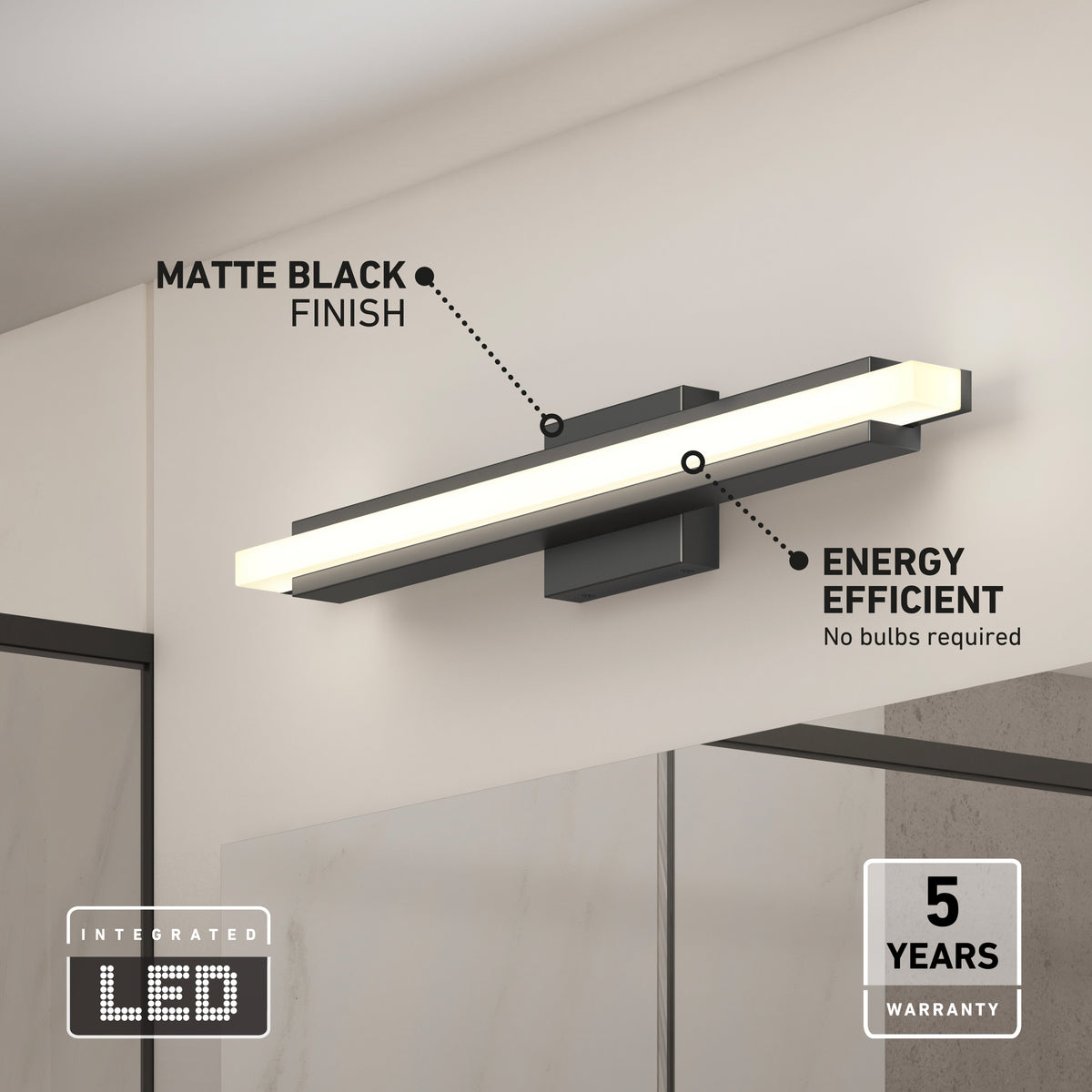 A modern LED vanity light with a matte black finish mounted above a bathroom mirror. Text highlights its energy efficiency (no bulbs required) and includes badges for integrated LED and a 5-year warranty.