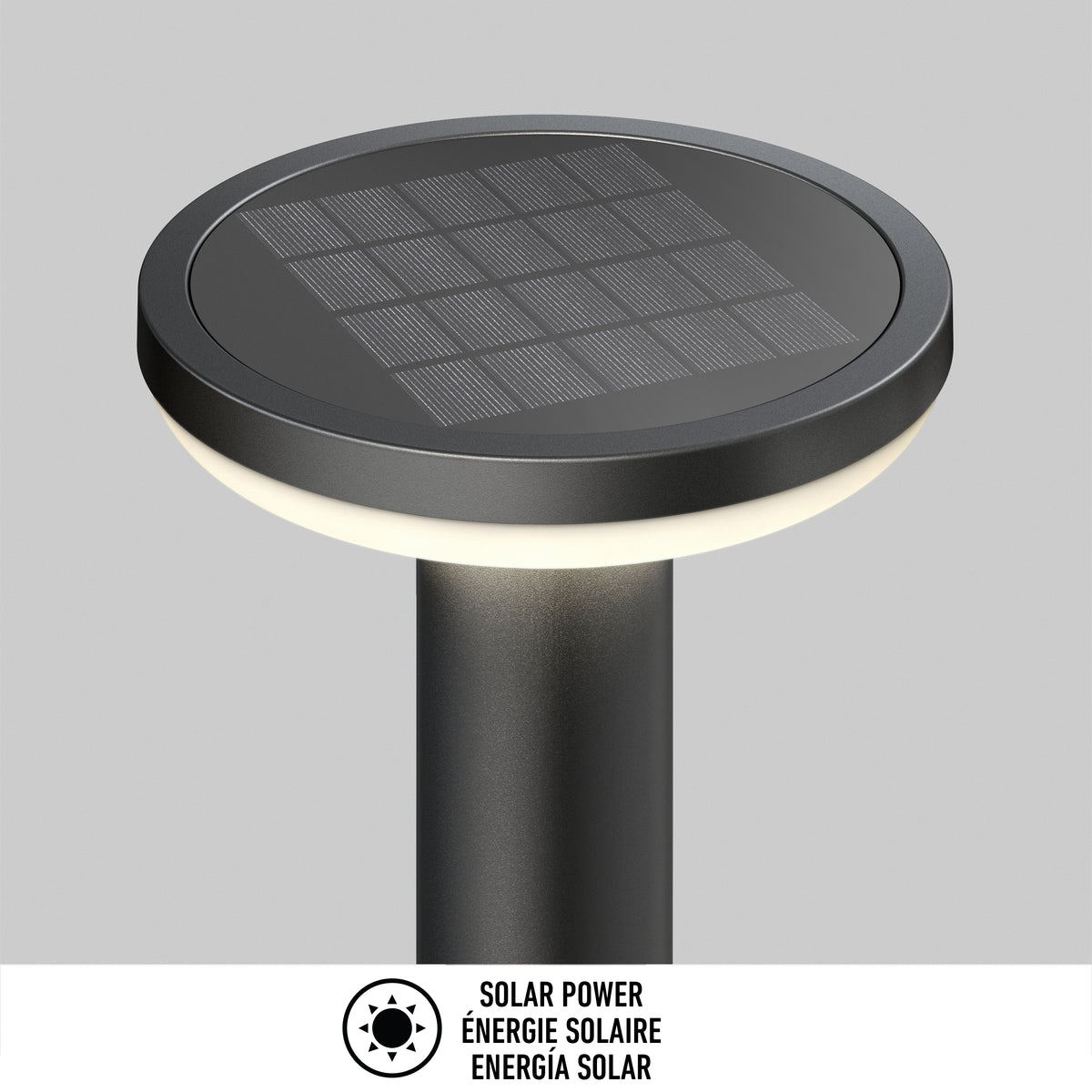 Artika Urbia Solar LED Bollard with Motion Sensor, round black design, solar panel on top, shown on gray background.