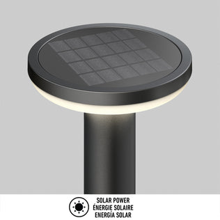 Artika Urbia Solar LED Bollard with Motion Sensor, round black design, solar panel on top, shown on gray background.