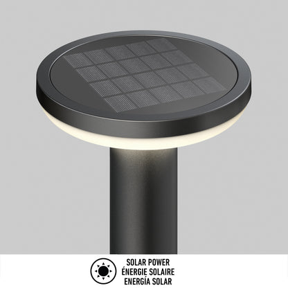 Artika Urbia Solar LED Bollard with Motion Sensor, round black design, solar panel on top, shown on gray background.