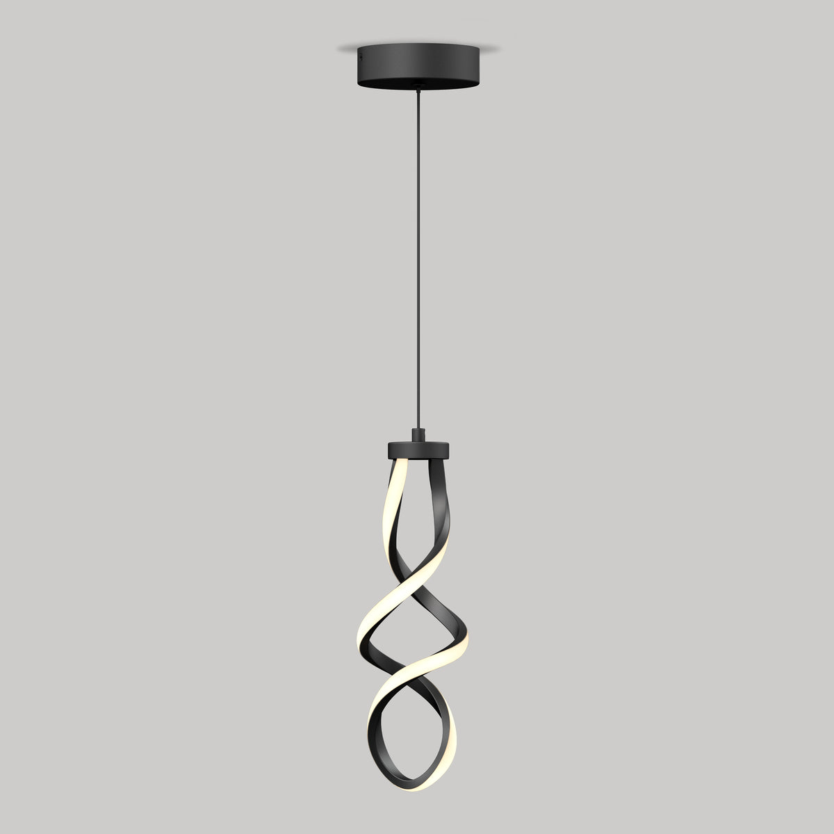 The Artika Mini Swirl LED pendant light features a twisted black and white design, hanging from a round black ceiling mount against a plain gray background.