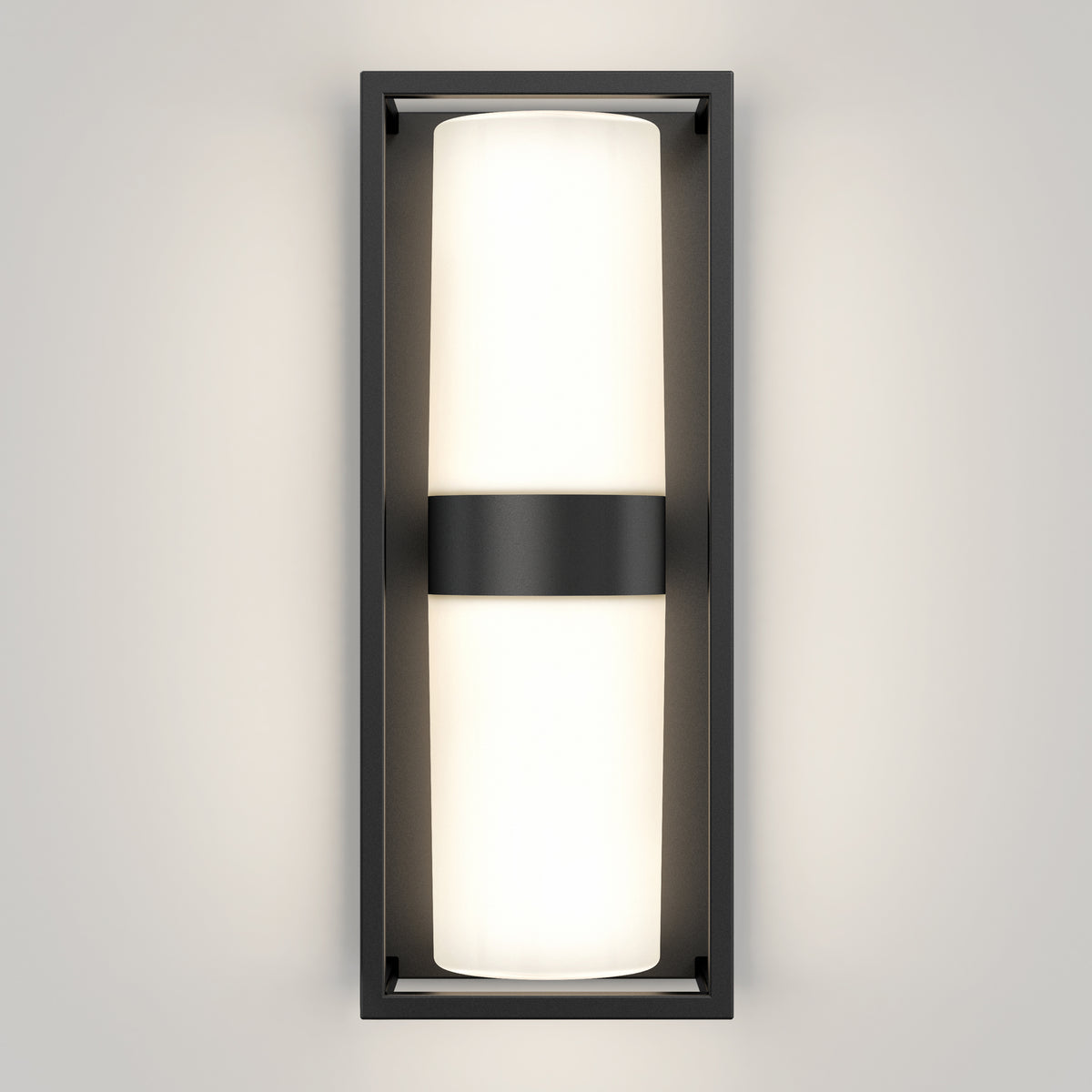 The Sherman modern LED indoor-outdoor wall light 5 CCT by Artika features a rectangular black frame with a central black band and frosted cylindrical diffuser, casting a soft glow on any wall.