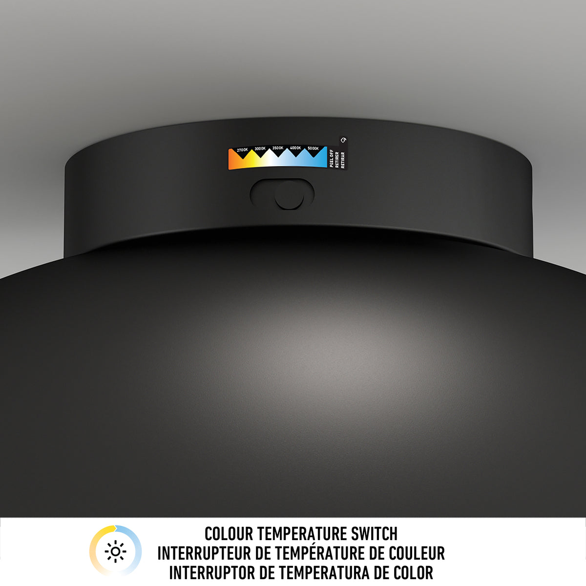 Close-up of the Artika Adara 15 in. LED flush mount light, showing its color temperature switch and multilingual adjustment label.
