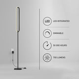 A modern, slim black floor lamp stands lit in a white room. Beside it, icons and text highlight features: LED integrated, dimmable, 50,000 hours lifespan, and 700 lumens brightness.