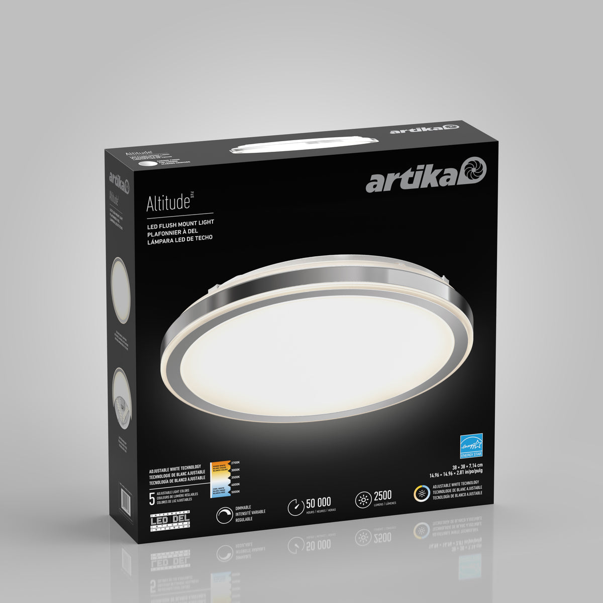 A black Artika box displays the Altitude LED flush mount light with a bright white circular fixture. Key features include 5-year warranty, 50,000-hour lifespan, 2500 lumens, and adjustable white temperatures.